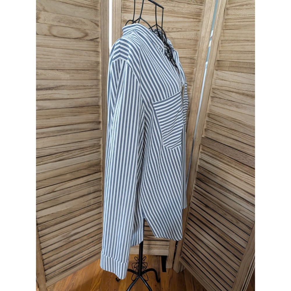 Michael Kors Navy Blue White Striped Blouse Quarter Zip Size XL Beach Nautical - Picture 2 of 4